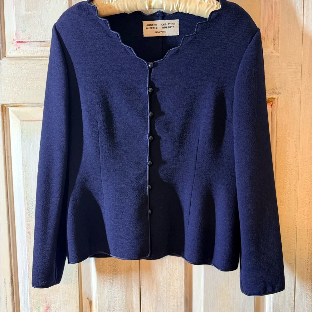 Aurora Ruffolo and Christian Rupert Vintage Navy Blue Scalloped Blazer - Picture 1 of 6